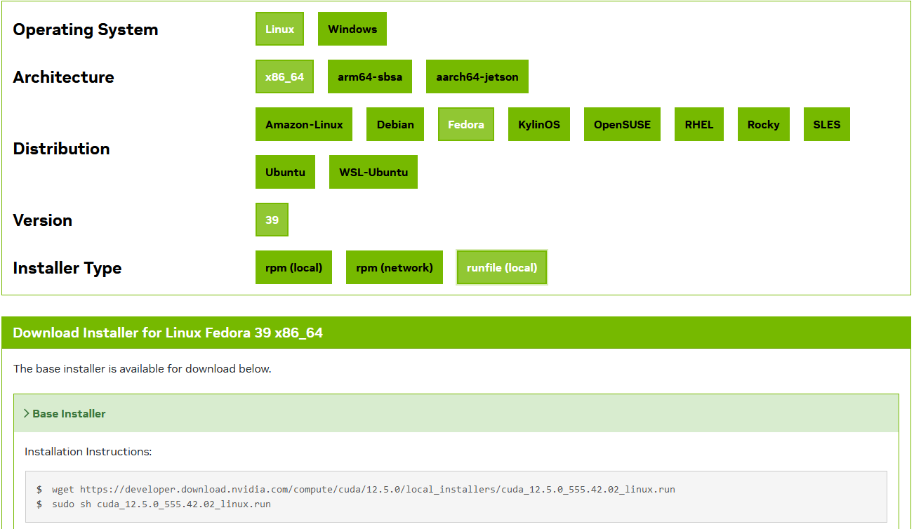 Example CUDA toolkit installation on Fedora
